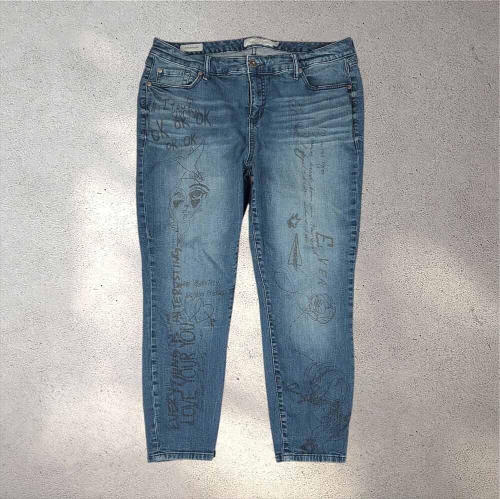 TORRID Girlfriend Doodle Art Ankle Jeans Women's 18 Blue Grunge Alt Retro Artist